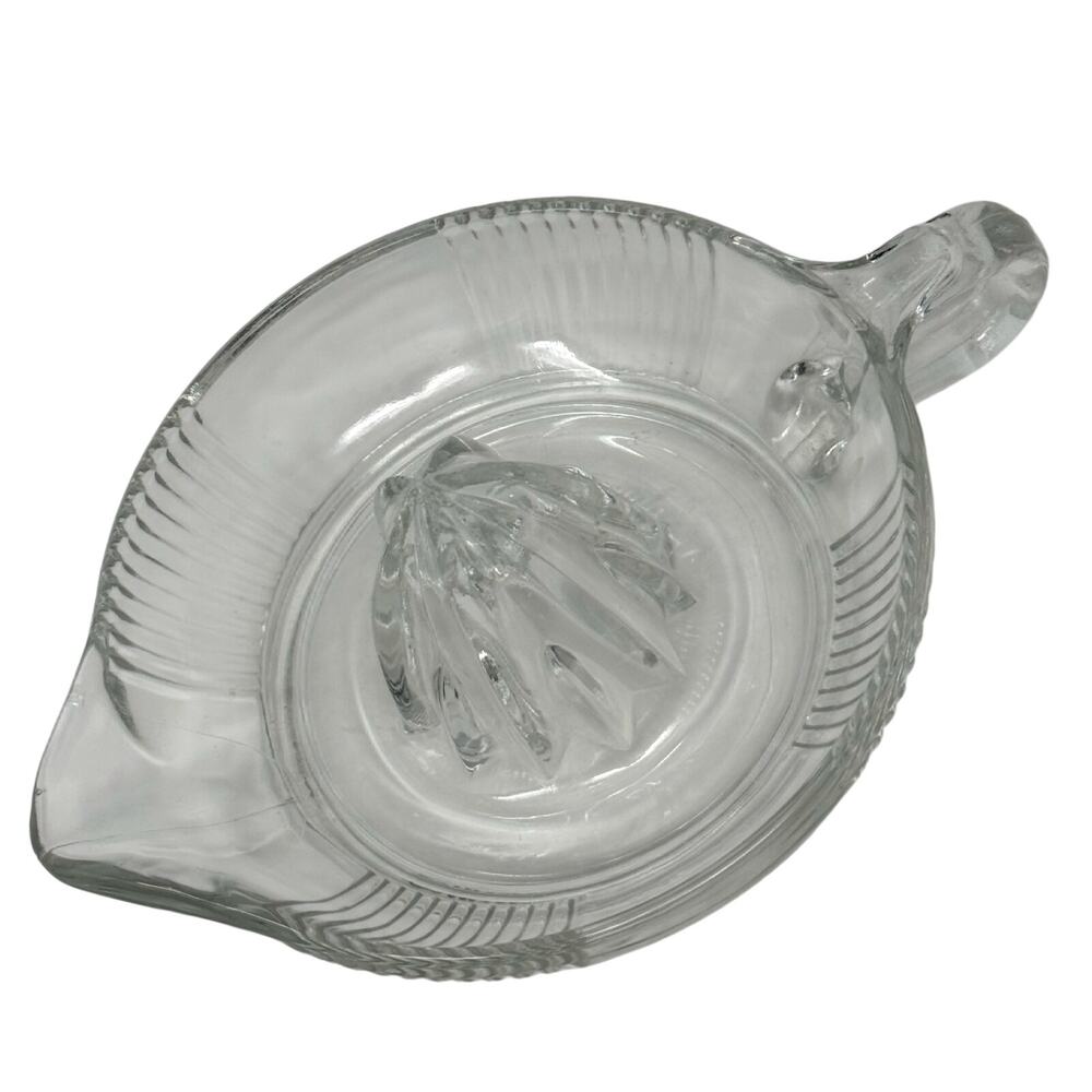 Vintage 70s Glass Citrus Juicer Reamer Hand Press Clear Ribbed Kitchenware